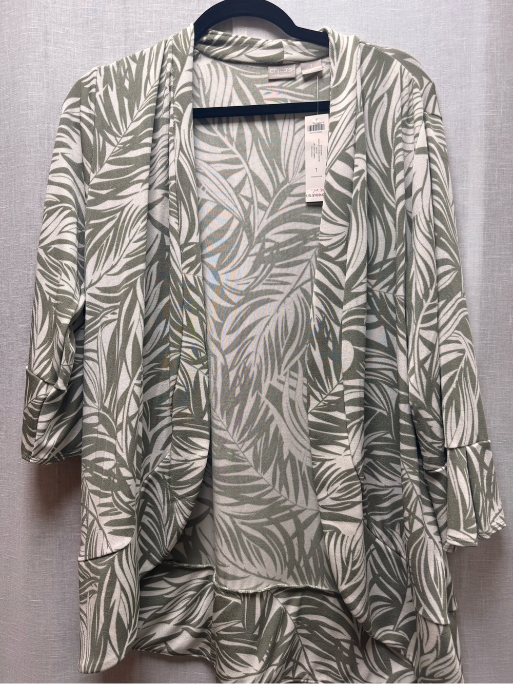 Chico's Olive Green and White Palm-Print Open Cardigan